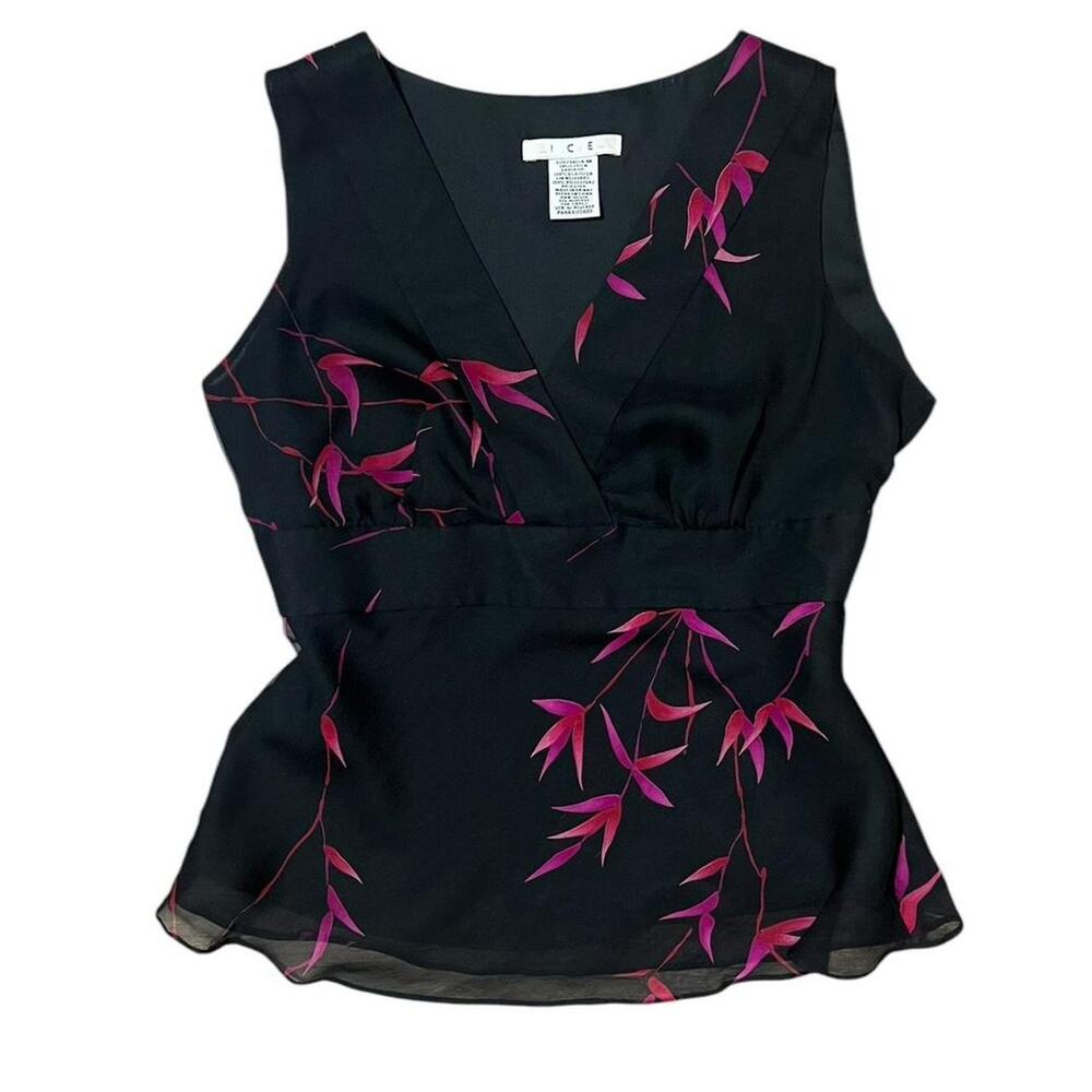 VTG 90s ICE Black & Red/Purple Floral Sleeveless Silk Whimsygoth Fairy Top M